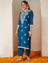 Janasya Women's Teal Blue Silk Blend Embroidered Straight Kurta Set